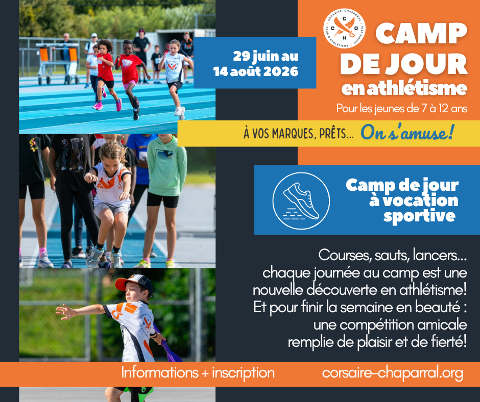 Affiche promotionnelle - camp de jour en athlétisme - du 19 juin au 14 août 2026